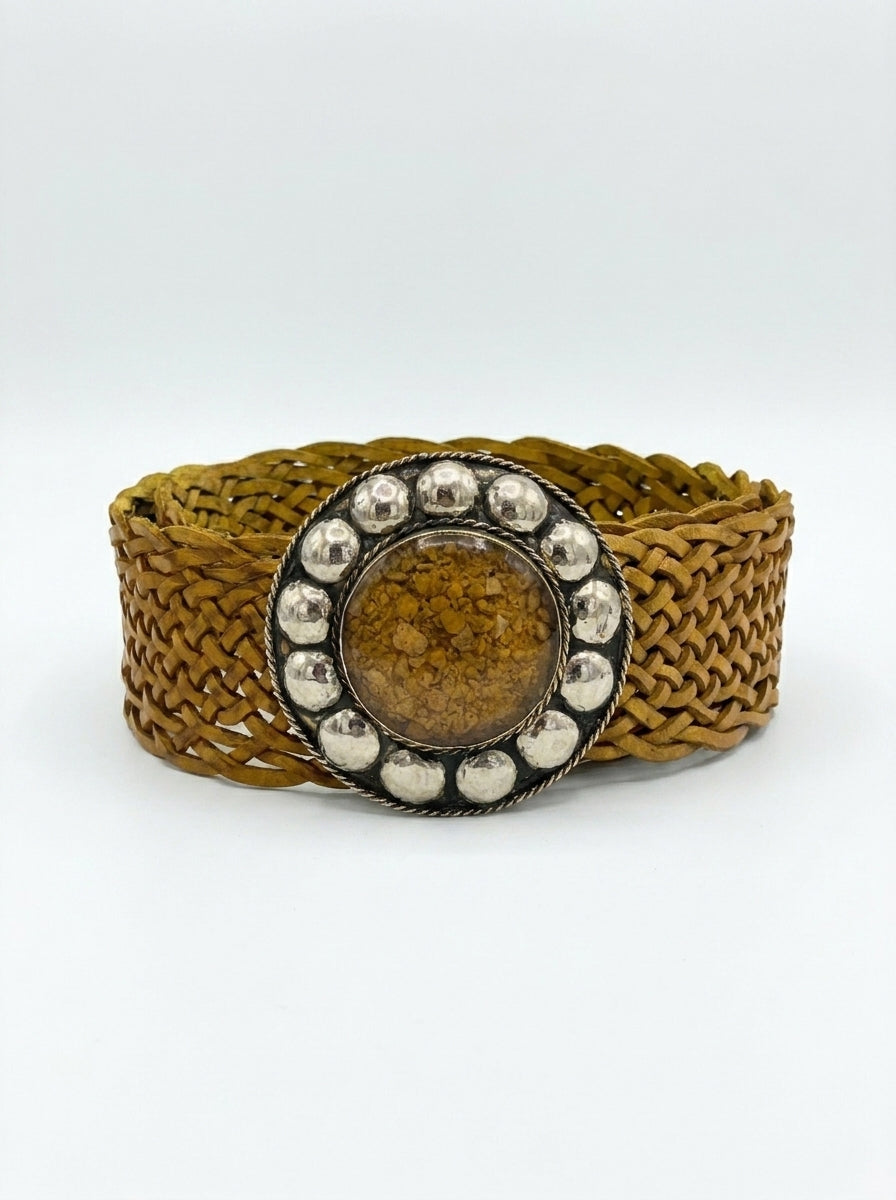 Fajín Trenzado de Piel con Hebilla Circular Vintage | Cinturón Ancho Mujer Cuero Artesanal | CJ0764
