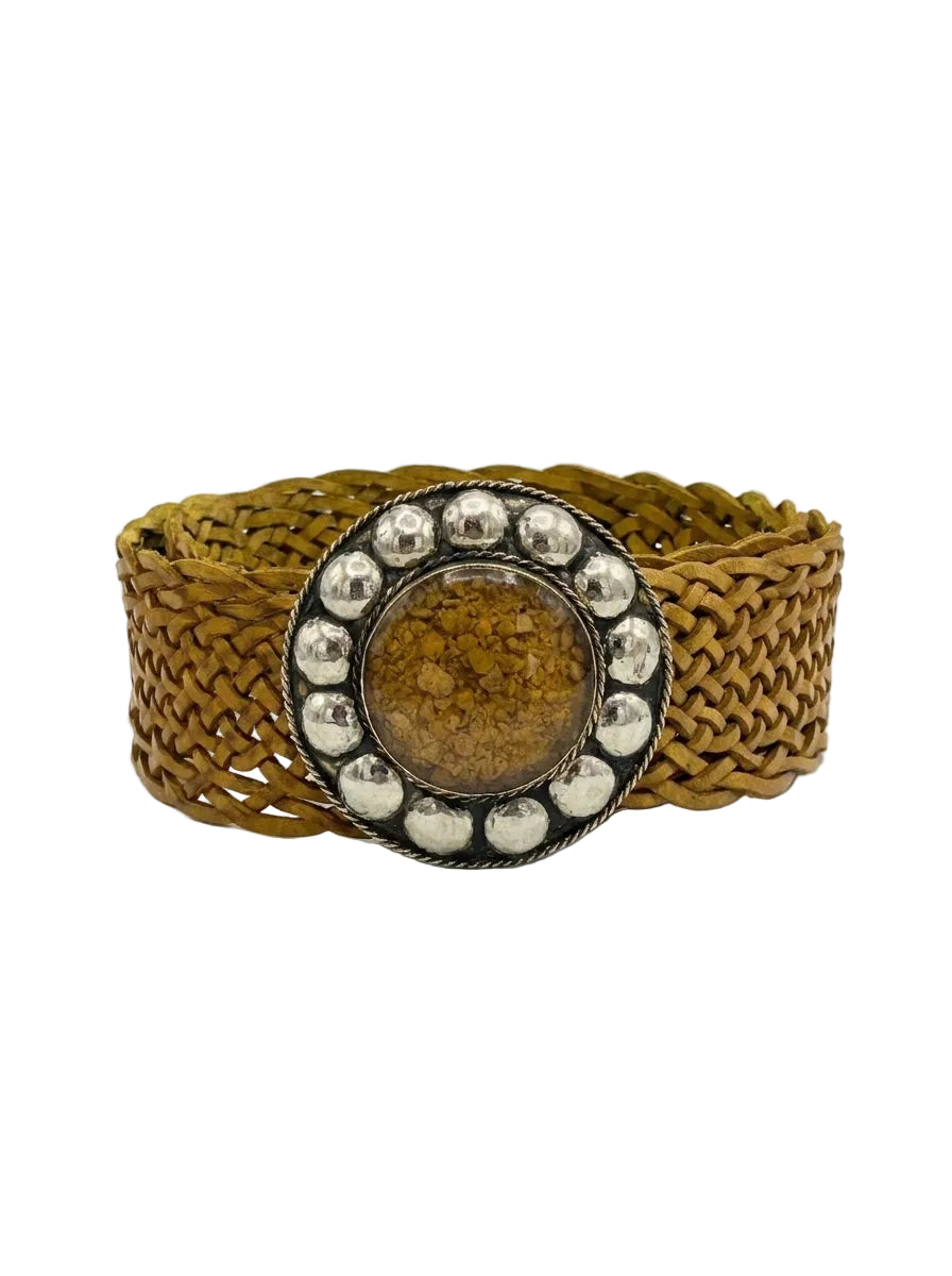 Fajín Trenzado de Piel con Hebilla Circular Vintage | Cinturón Ancho Mujer Cuero Artesanal | CJ0764