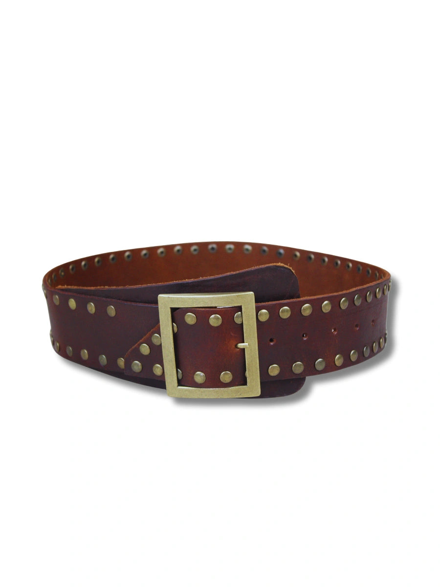 cinturon piel ancho tachuelas cuadrado mayorista marrón oscuro vista frontal — CJ0760