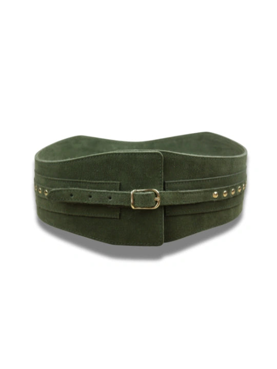 detalle verde oscuro fajin de piel con tachuelas y hebilla dorada verde oscuro — ref. CJ1252