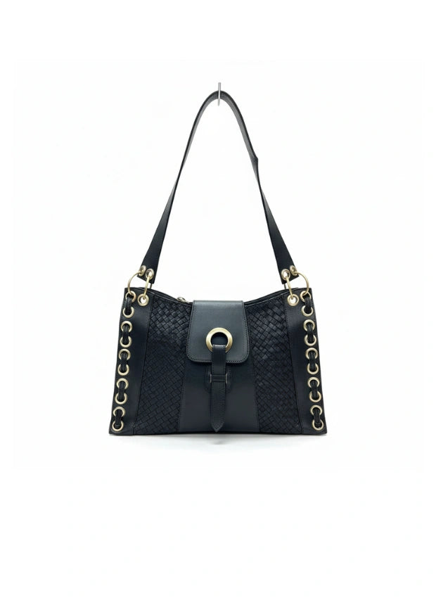 vista 3 negro bolso de mano de piel marrón para mujer — CJ2009