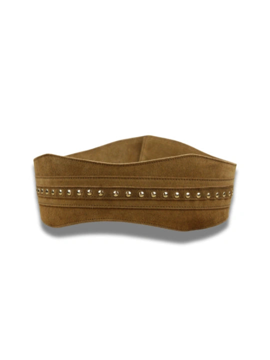 vista 6 camel fajin de piel con tachuelas y hebilla dorada verde oscuro — CJ1252