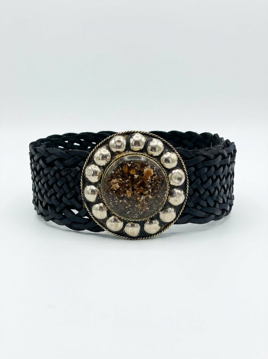 Fajín Trenzado de Piel con Hebilla Circular Vintage | Cinturón Ancho Mujer Cuero Artesanal | CJ0764