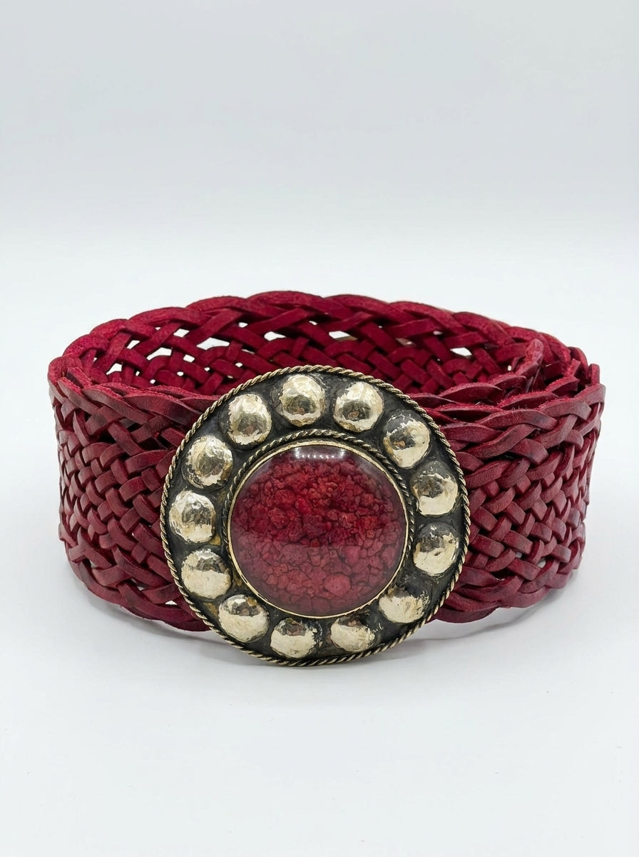 Fajín Trenzado de Piel con Hebilla Circular Vintage | Cinturón Ancho Mujer Cuero Artesanal | CJ0764