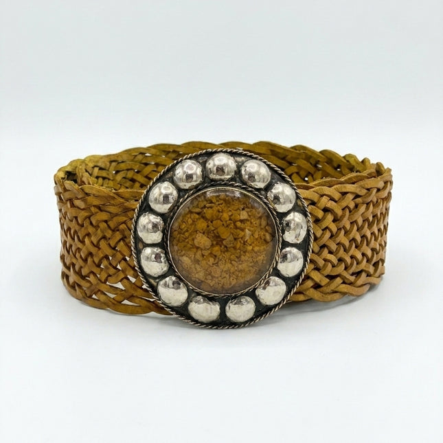 Fajín Trenzado de Piel con Hebilla Circular Vintage | Cinturón Ancho Mujer Cuero Artesanal | CJ0764