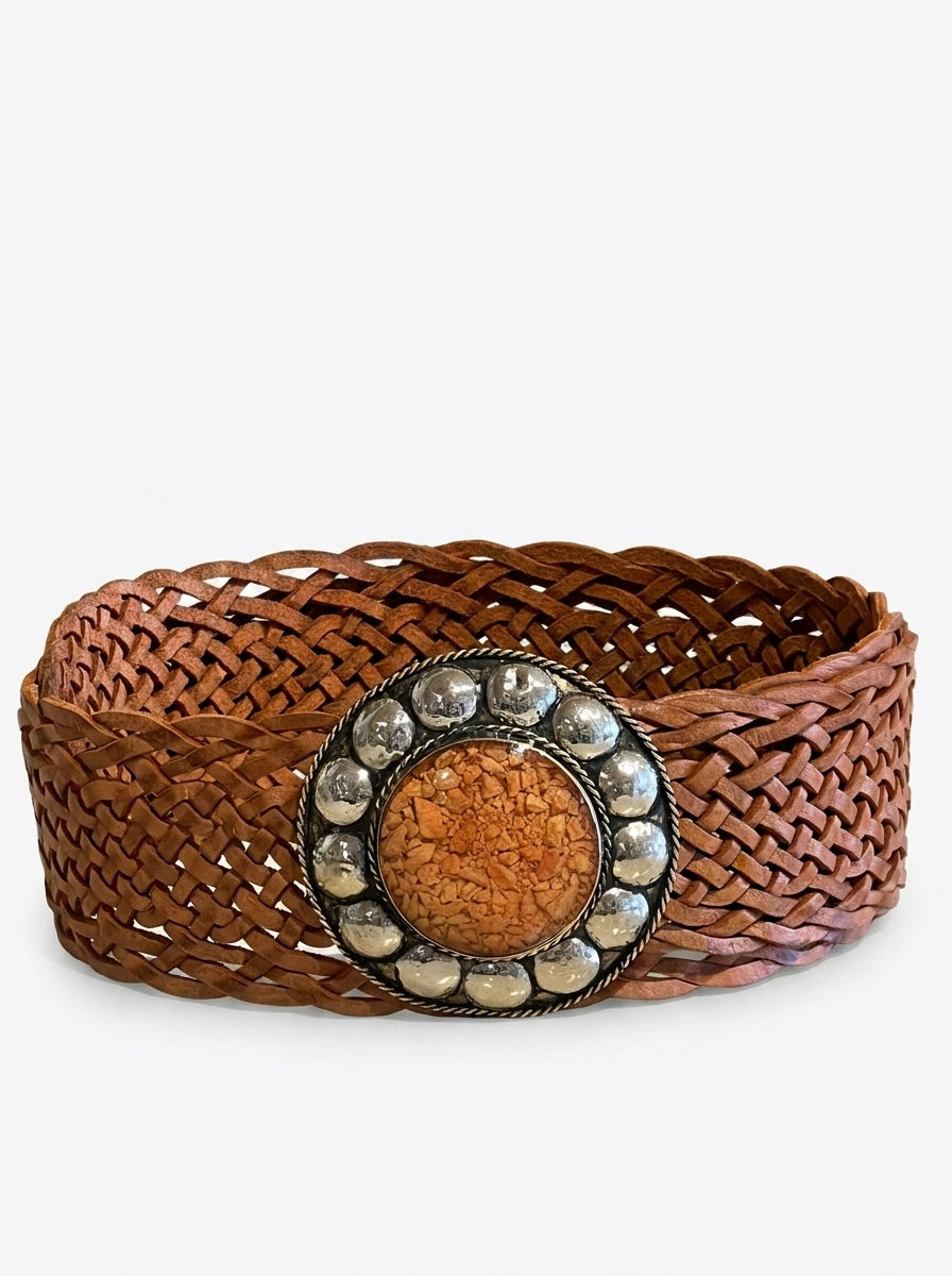 Fajín Trenzado de Piel con Hebilla Circular Vintage | Cinturón Ancho Mujer Cuero Artesanal | CJ0764