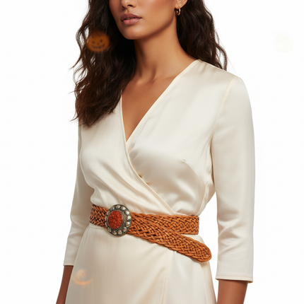 Cinturón Trenzado Ancho con Hebilla Étnica Redonda (CJ0208)