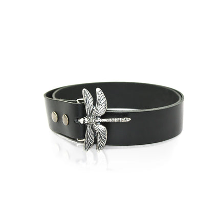Hebilla de metal con forma de libélula elegante y alas detalladas, con acabado en plata vieja.
